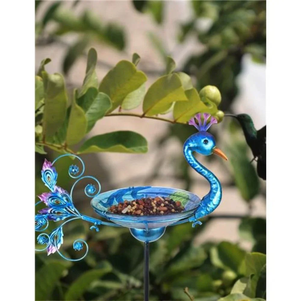 Outdoor Bird Bath Solar Birdbath Small Birdfeeder with Peacock Metal Stake